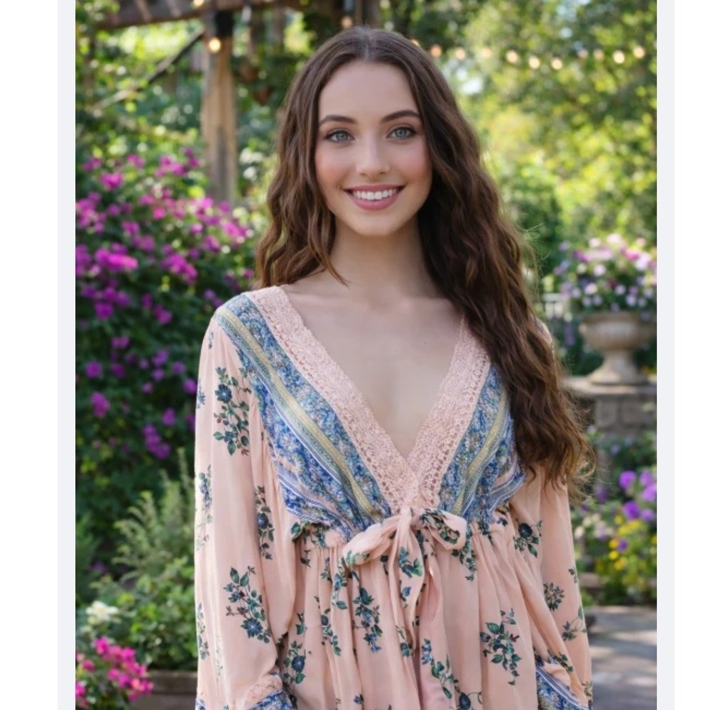 Altar'd State Peach Floral Paisley Boho Bell Sleeve Lace Trim Blouse Small